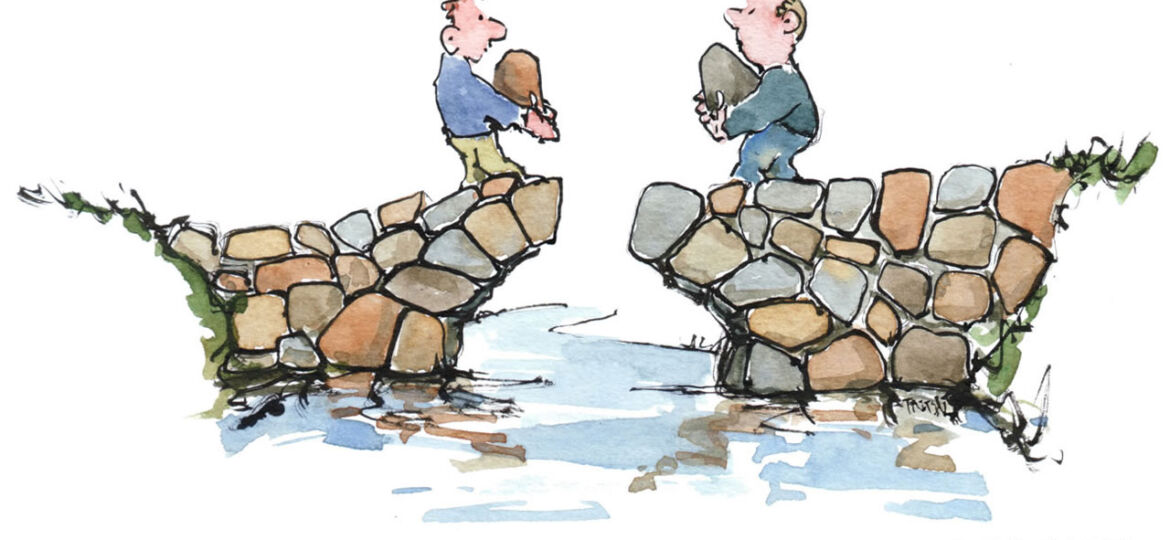 Cartoon of two men building a bridge