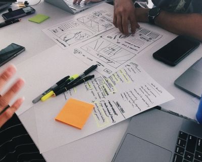 A marketing team brainstorming messaging, targeting, and branding