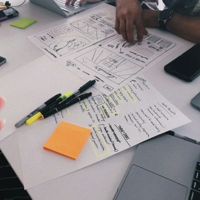 A marketing team brainstorming messaging, targeting, and branding