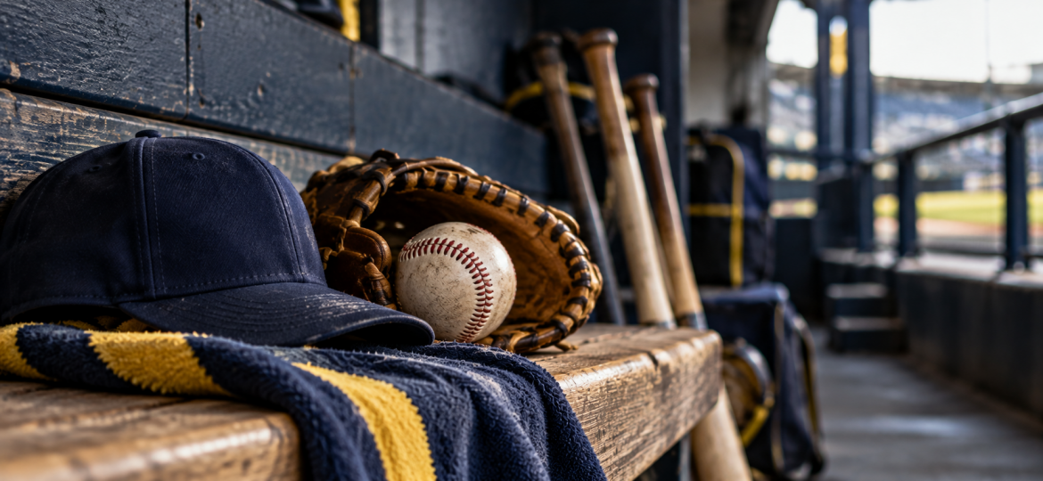 Baseball dugout with baseball glove and bats