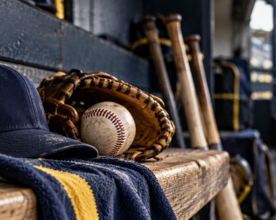 Baseball dugout with baseball glove and bats