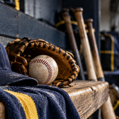 Baseball dugout with baseball glove and bats